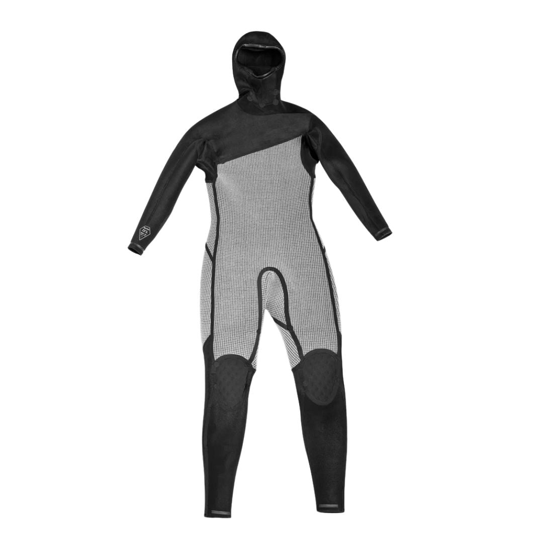 Vista frontal interior completa del traje de neopreno Volcom Modulator 5/4/3 mm negro con capucha y cremallera en el pecho.