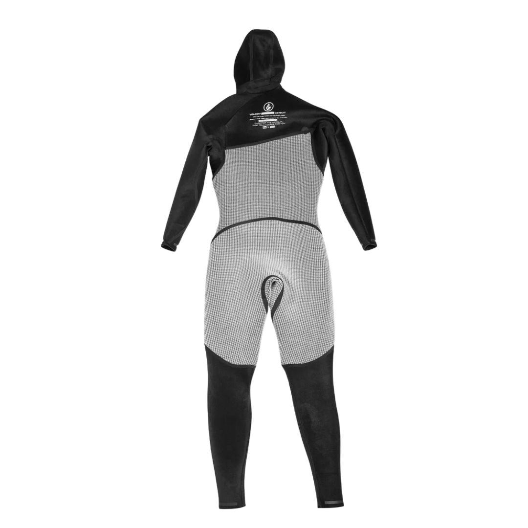 Vista trasera interior completa del traje de neopreno Volcom Modulator 5/4/3 mm negro con capucha y cremallera en el pecho.