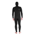 Traje de neopreno Volcom Modulator 5/4/3 mm negro con capucha y cremallera en el pecho, vista trasera con modelo con capucha subida.
