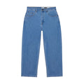 Vaquero ancho Volcom Billow Denim color azul Cali Blue, vista frontal en plano extendido con los bolsillos delanteros, la bragueta con botón y el corte loose característico.