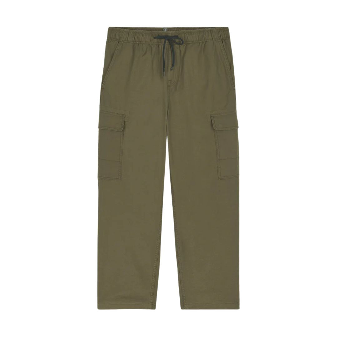 Vista completa delantera del pantalón cargo Volcom Billow Tapered EW en color sage leaf con ajuste relajado.