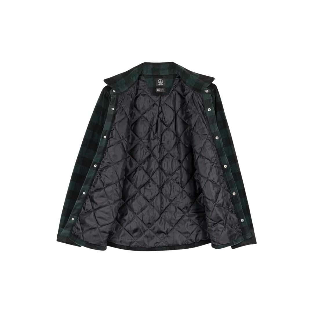 Camisa de franela Volcom Bowered Fleece LS color scarab para hombre, vista frontal abierta mostrando el forro interior.