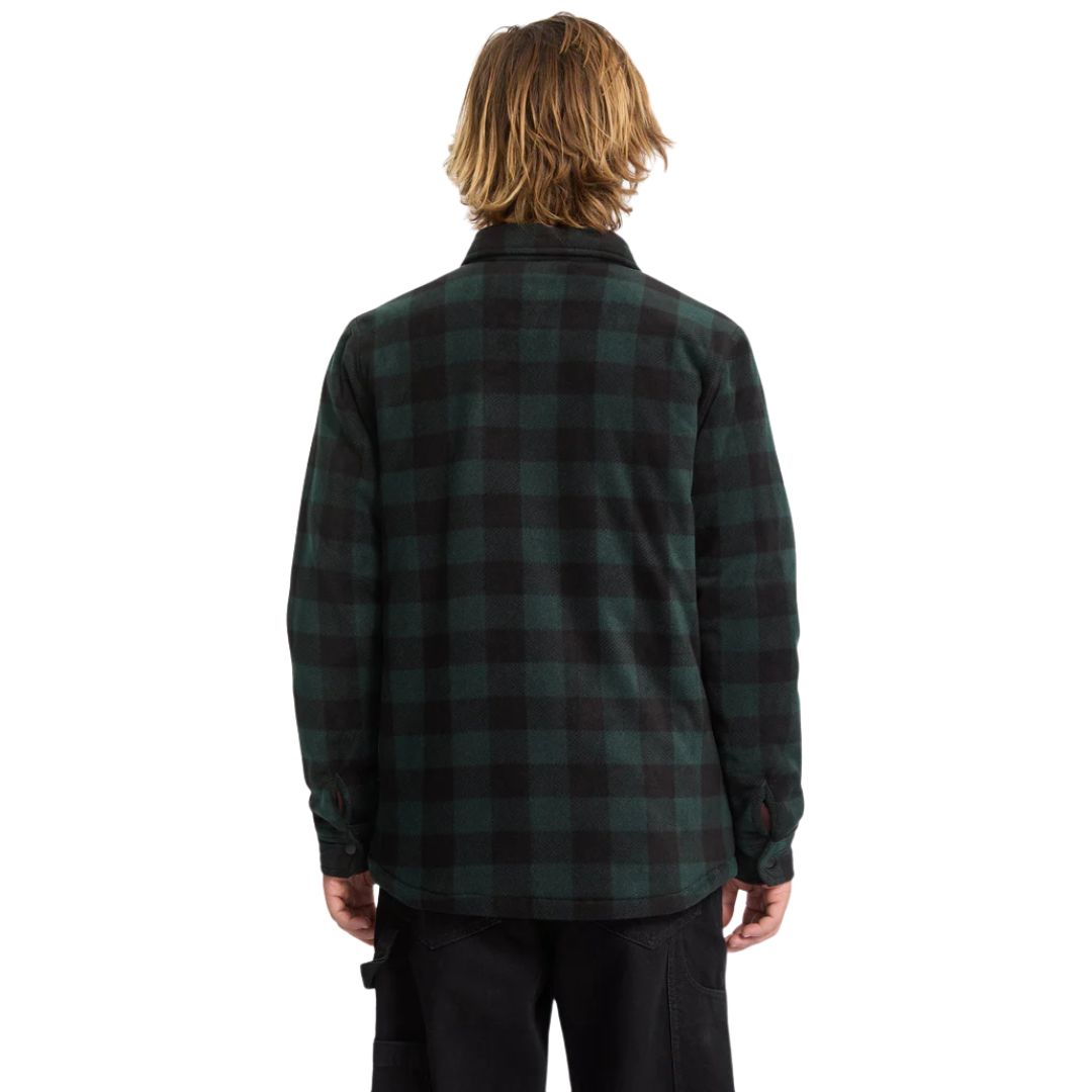 Camisa de franela Volcom Bowered Fleece LS color scarab para hombre, vista trasera en modelo.