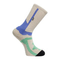 Calcetín Volcom Carrau Print Mixer Sock en estampado pastel beige y azul con detalle verde en la planta, vista de perfil con el logo de la piedra bordado.