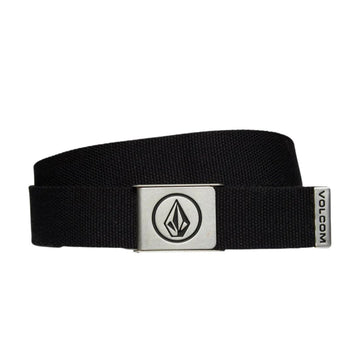 Cinturón Volcom Circle Web Belt en color negro, enrollado sobre fondo blanco mostrando la hebilla metálica con el logo Stone y la etiqueta Volcom en el extremo.