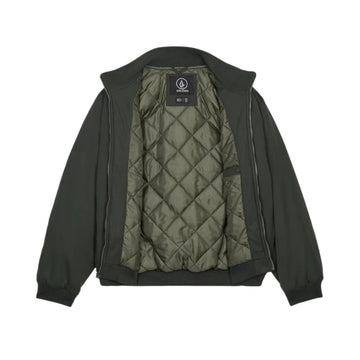 Chaqueta Volcom Damerman en color negro lavado fotografiada en plano de producto, vista trasera abierta mostrando el forro interior acolchado y la etiqueta Volcom.
