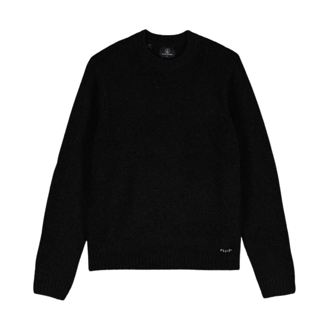 Jersey Volcom Edmonder II en color negro fotografiado en plano de producto sin modelo, vista frontal, con la etiqueta Volcom cosida en el interior del cuello redondo.