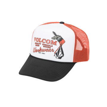 Vista frontal en ángulo de la gorra VOLCOM Even Lay Workwear Hat color naranja con visera negra y panel frontal blanco con logotipo y diseño gráfico.