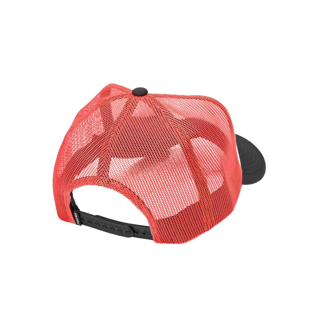 Vista trasera de la gorra VOLCOM Even Lay Workwear Hat color naranja con malla transpirable y cierre ajustable de plástico negro.