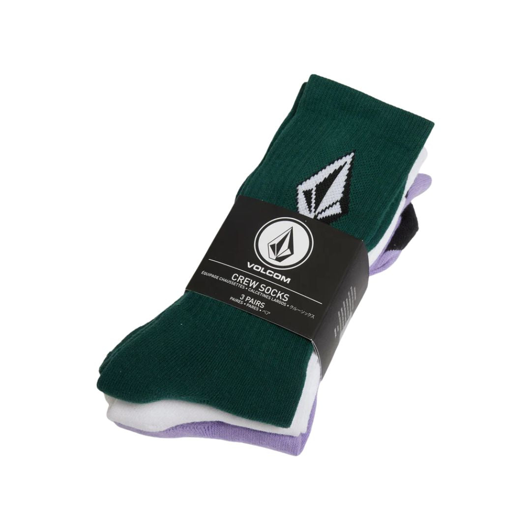 Volcom Full Stone 3PK calcetines crew pack 3 multicolor verde blanco lila con logo Stone jacquard.