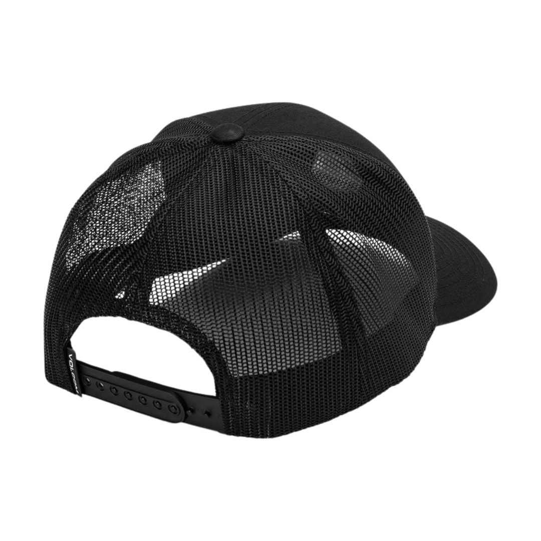 Gorra Volcom Full Stone Cheese negra vista trasera con paneles de rejilla y cierre ajustable snapback.