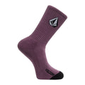 Calcetín Volcom Full Stone Mix Sock 3P en color malva, vista de perfil con el texto Volcom junto a la puntera negra y el logo de la piedra tejido en la caña.