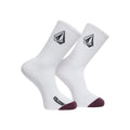 Par de calcetines Volcom Full Stone Mix Sock 3P en color blanco, vistos uno junto al otro con la puntera y el talón en granate y el logo de la piedra en la caña.