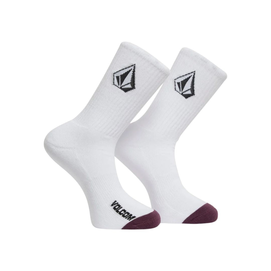Par de calcetines Volcom Full Stone Mix Sock 3P en color blanco, vistos uno junto al otro con la puntera y el talón en granate y el logo de la piedra en la caña.