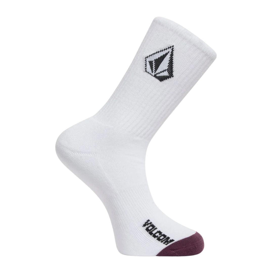 Calcetín Volcom Full Stone Mix Sock 3P en color blanco, vista de perfil mostrando el texto Volcom junto a la puntera granate y el logo de la piedra en la caña.