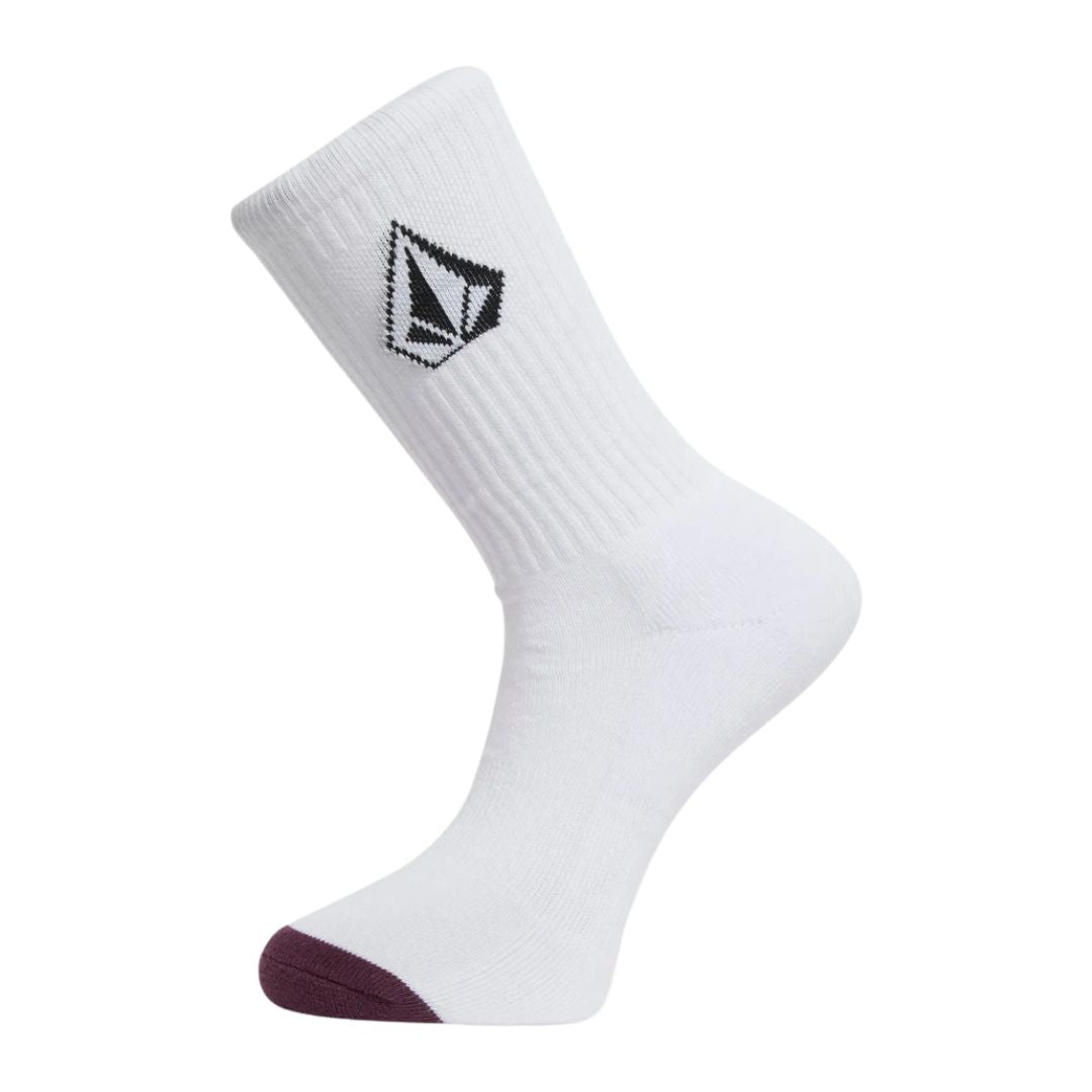 Calcetín Volcom Full Stone Mix Sock 3P en color blanco, vista de perfil con puntera y talón en granate y el logo de la piedra Volcom tejido en la caña.