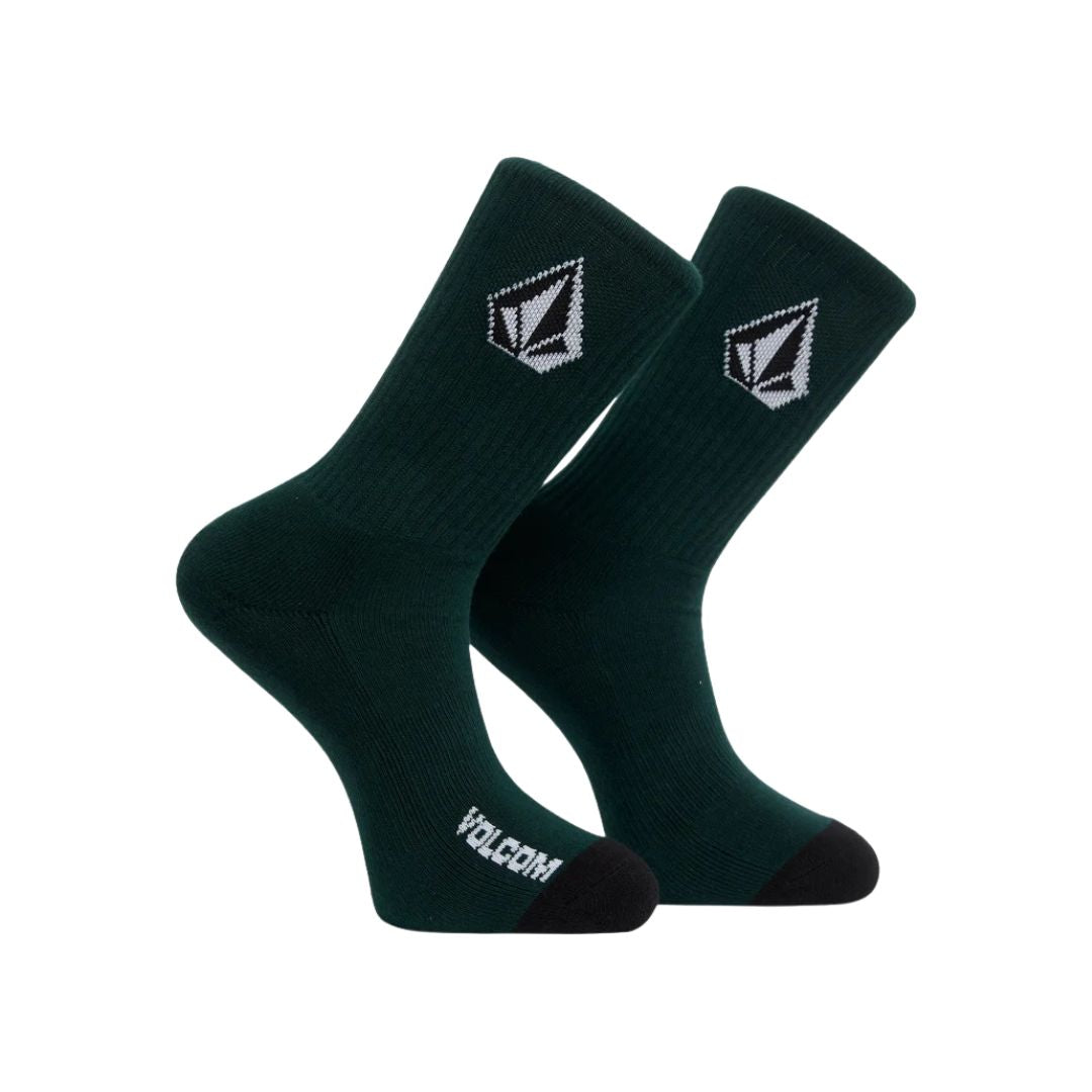 Par de calcetines Volcom Full Stone Mix Sock 3P en color verde, vistos uno junto al otro mostrando el logo de la piedra en la caña y la puntera y el talón en negro.