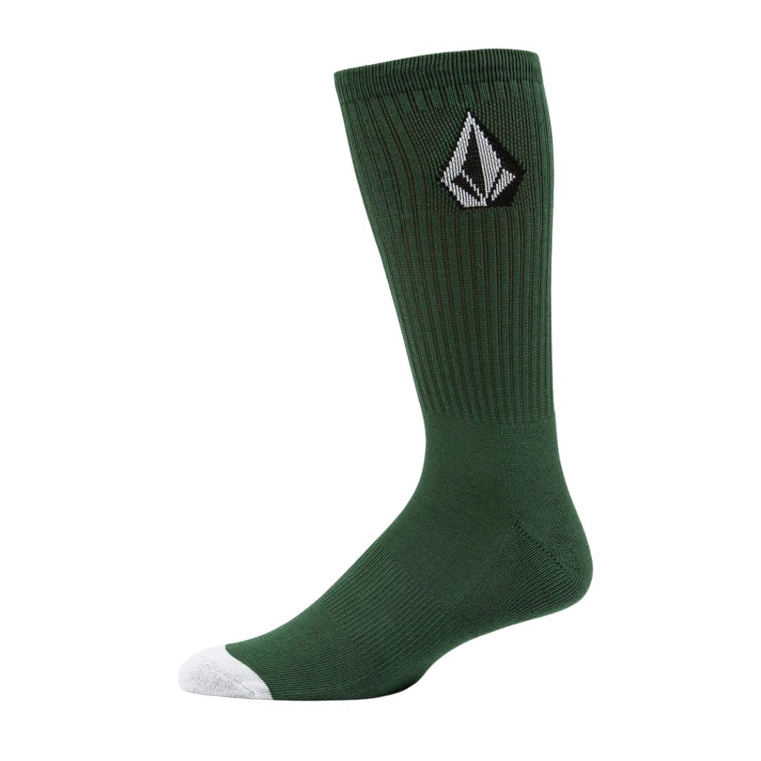 Calcetín Volcom Full Stone verde con puntera gris y logo bordado en caña lateral izquierda.