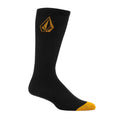 Calcetín Volcom Full Stone negro con puntera amarilla y logo bordado en caña lateral derecha.