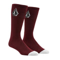 Par de calcetines Volcom Full Stone burdeos con puntera gris y logo bordado en caña.