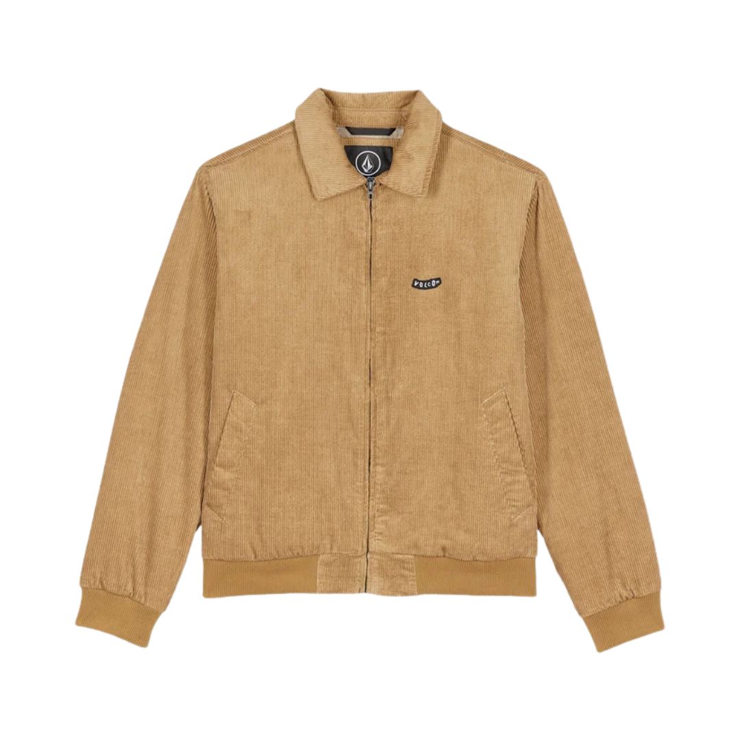 Chaqueta Volcom Kurtis en color armiño fotografiada en plano de producto sin modelo, vista frontal con la cremallera subida y los bolsillos laterales visibles.