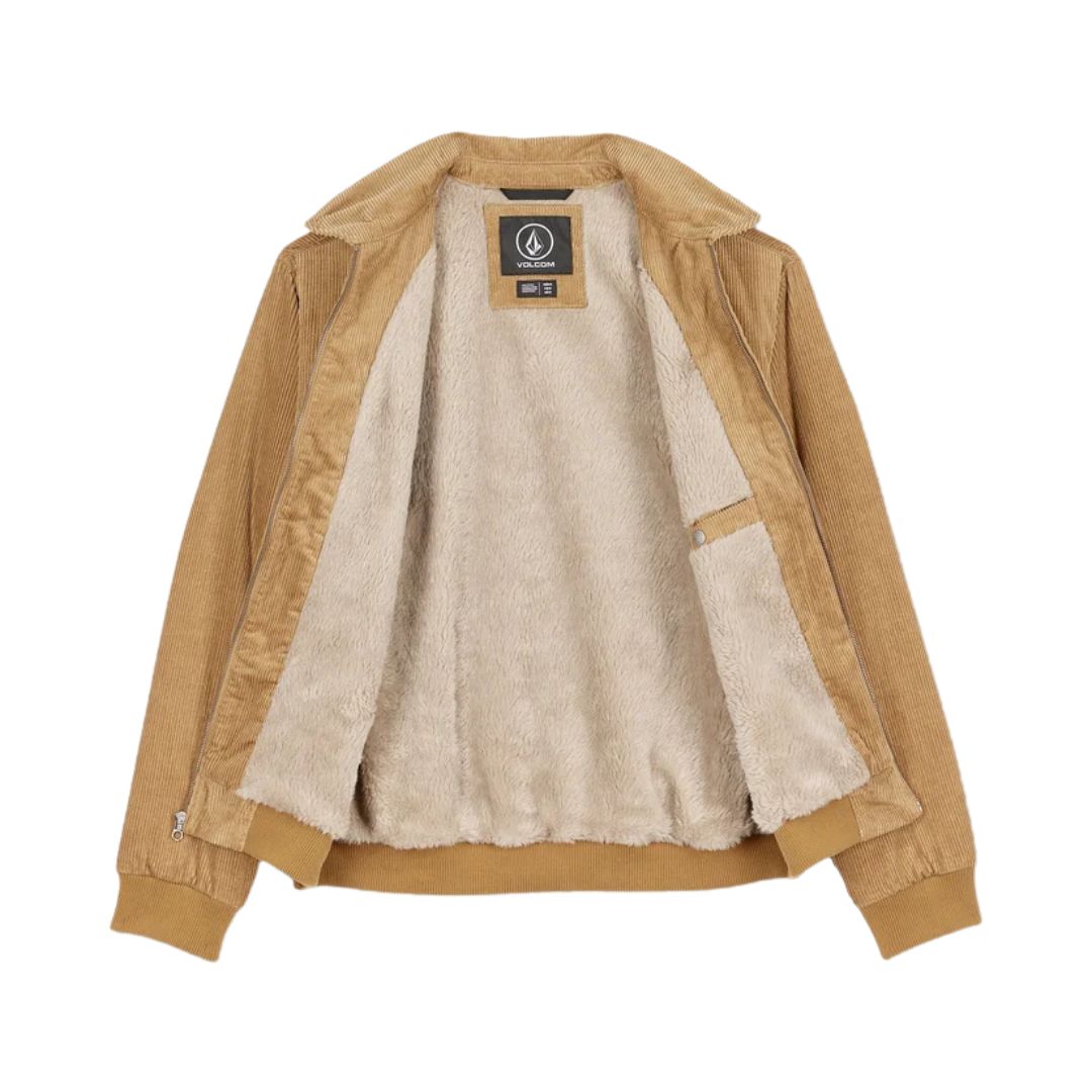 Chaqueta Volcom Kurtis en color armiño fotografiada en plano de producto sin modelo, abierta mostrando el forro interior de piel sintética y la etiqueta Volcom.