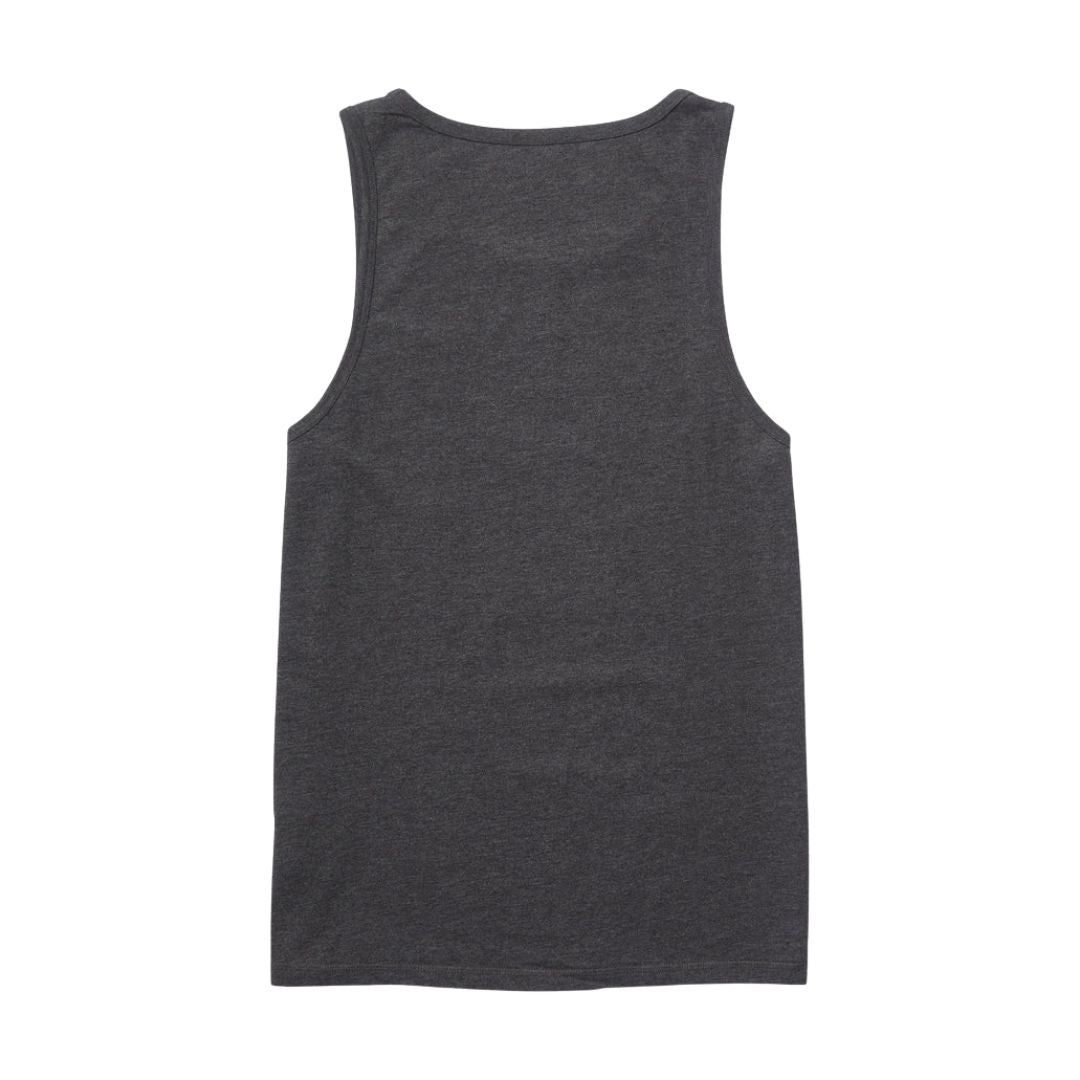 Detalle logo Volcom bordado en camiseta sin mangas negro jaspeado Pistol Stone.