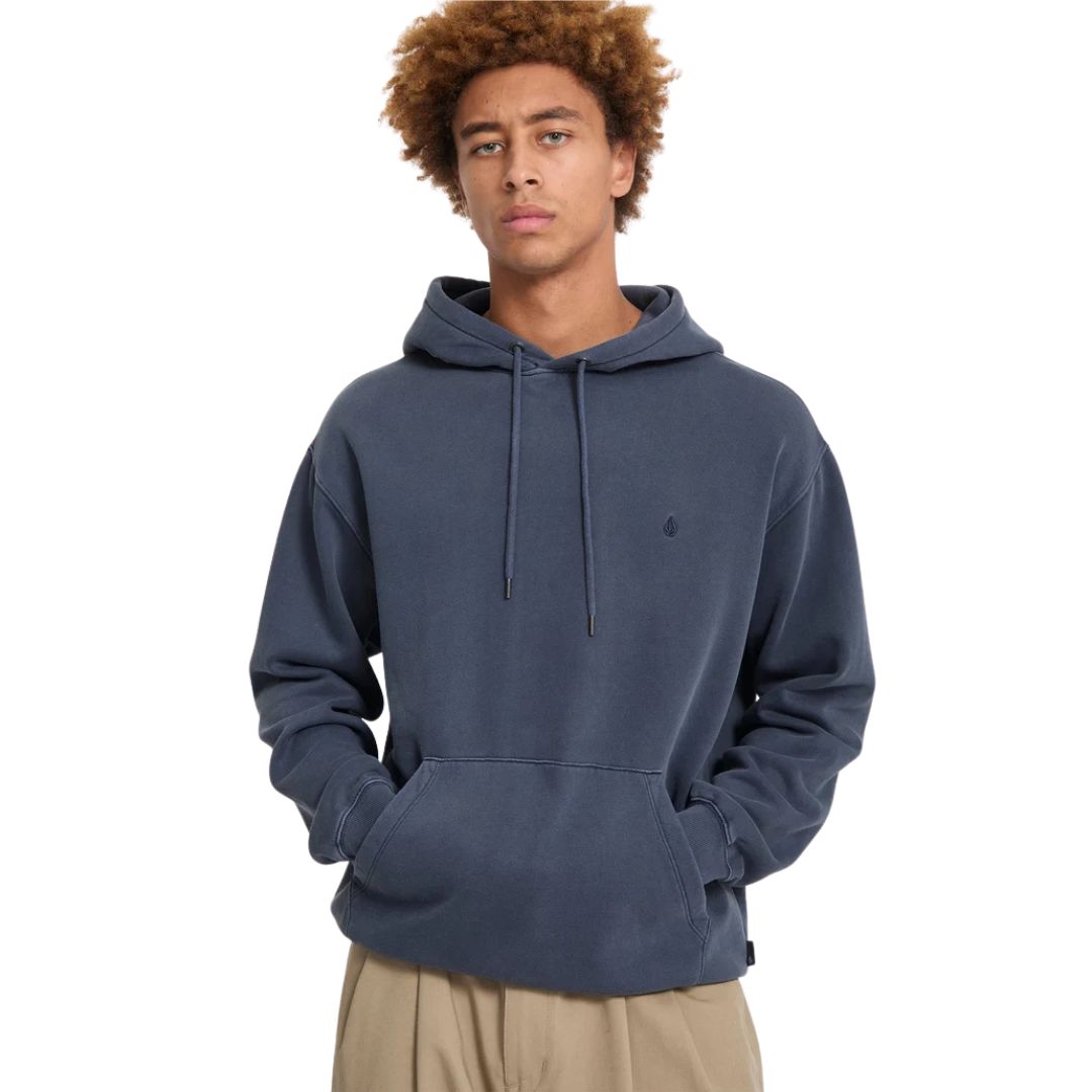 Sudadera con capucha Volcom Single Stone PW PO en color storm blue, vista trasera completa mostrando la caída del tejido afelpado y el acabado de la capucha.