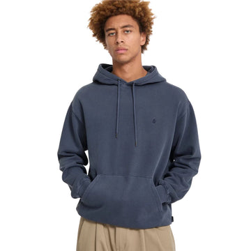 Sudadera con capucha Volcom Single Stone PW PO en color storm blue, vista trasera completa mostrando la caída del tejido afelpado y el acabado de la capucha.