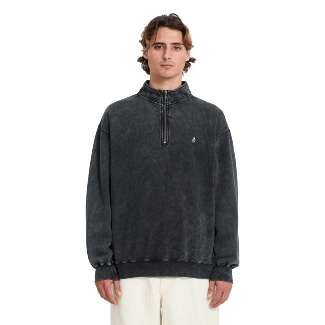 Sudadera Volcom media cremallera hombre negro lavado acid vista frontal.