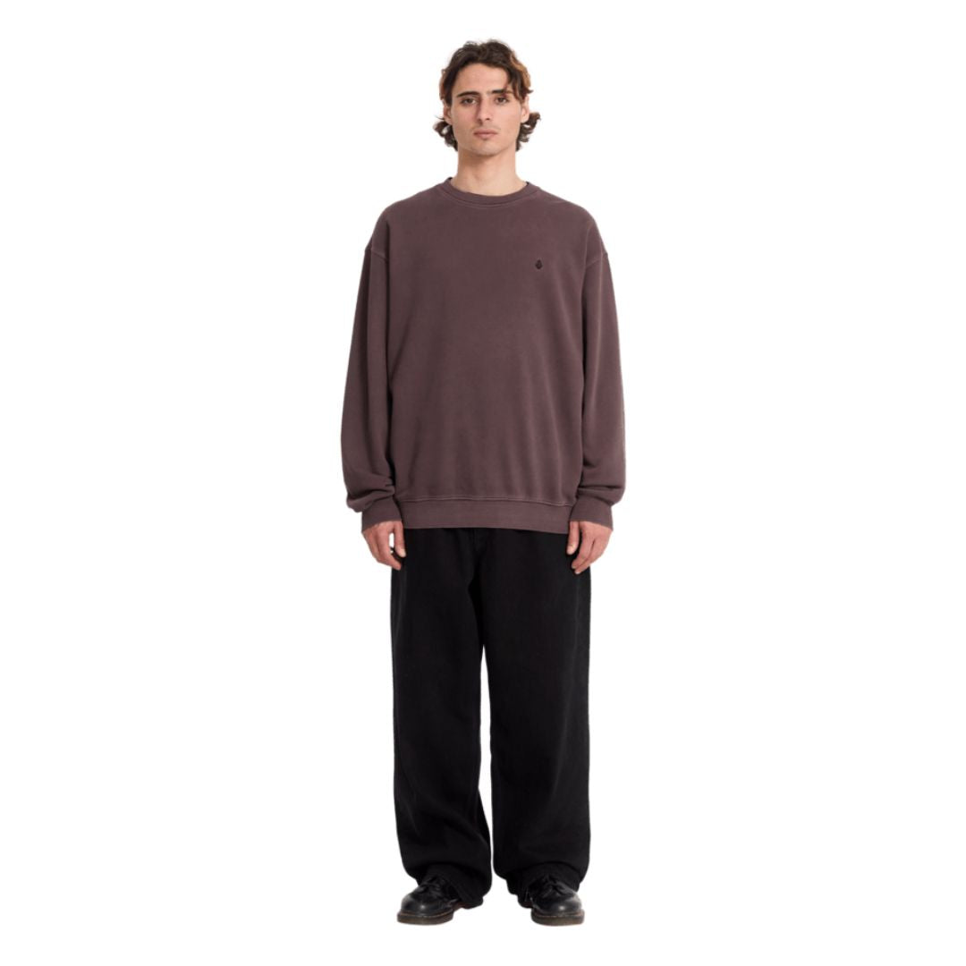 Sudadera Volcom Single Stone TW Crew marrón oscuro vista completa de pie.