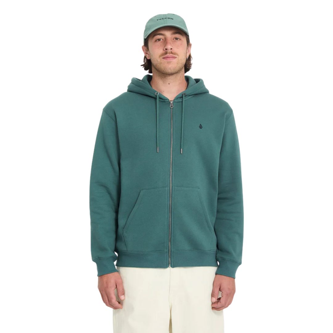 Sudadera Volcom Single Stone Zip Riffle Green para hombre con capucha, cremallera frontal y logo bordado.