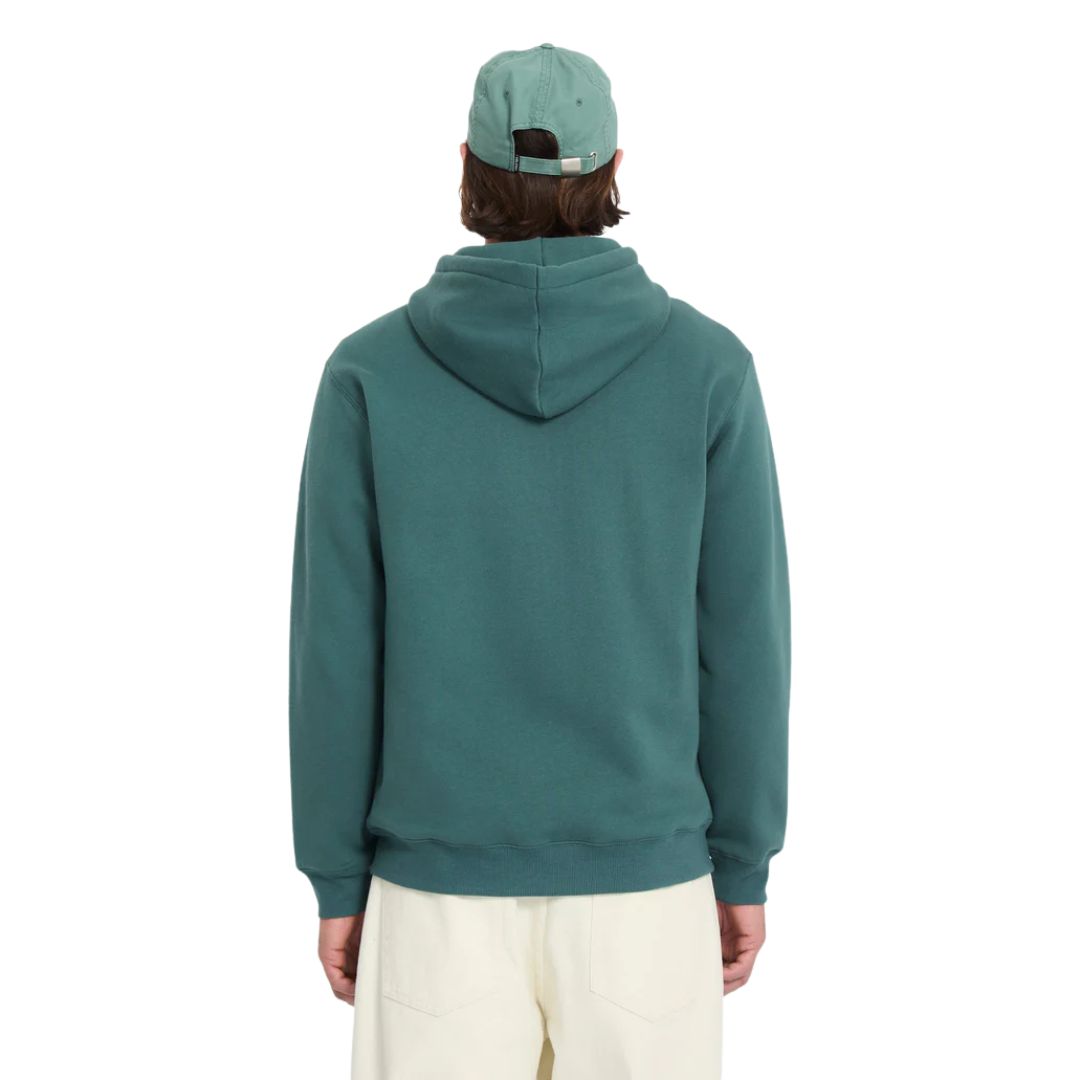 Sudadera Volcom Single Stone Zip Riffle Green vista trasera con capucha y corte regular para hombre.