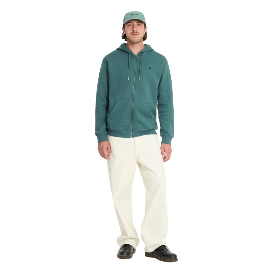 Sudadera Volcom Single Stone Zip Riffle Green vista frontal completa con capucha ajustable y cierre de cremallera.
