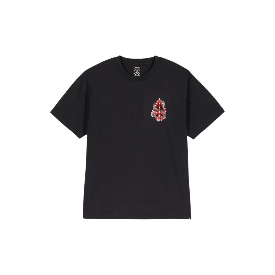 Camiseta Volcom Snake Peace LSE SST negra, vista trasera con estampado gráfico de serpiente y símbolo de paz en rojo.