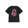 Camiseta Volcom Snake Peace LSE SST negra, vista frontal con pequeño estampado de serpiente y símbolo de paz en rojo.