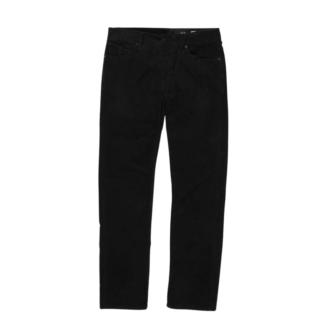 Pantalón Volcom Solver 5 Pocket Cord en color negro, vista frontal plana sobre fondo blanco mostrando el corte de pierna recta y los bolsillos delanteros.