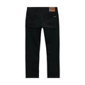 Pantalón Volcom Solver 5 Pocket Cord en color negro, vista trasera plana mostrando los bolsillos traseros, la etiqueta de piel y la etiqueta de tela Volcom.