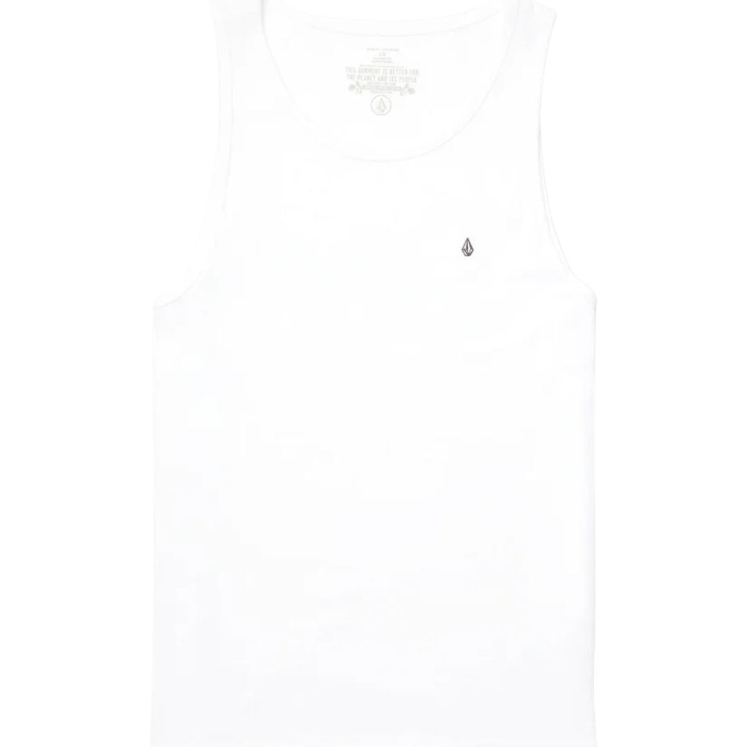 Vista frontal de producto de la camiseta de tirantes Volcom Stone Blanks BSC blanca sobre fondo blanco, mostrando el logo en el pecho y etiqueta impresa en el cuello.