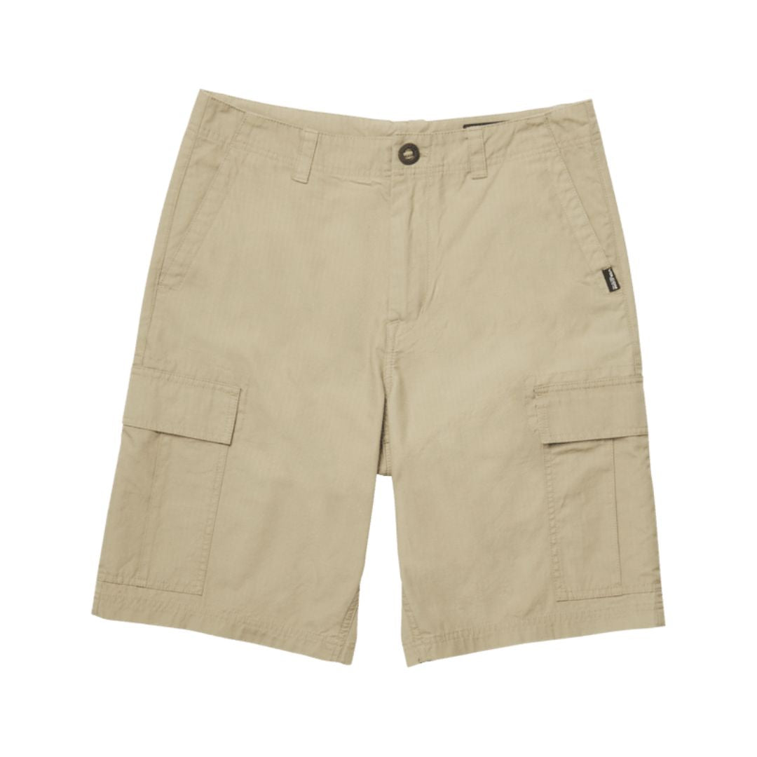 Volcom Strange Tripper Cargo Short 22 khaki vista frontal producto aislado.