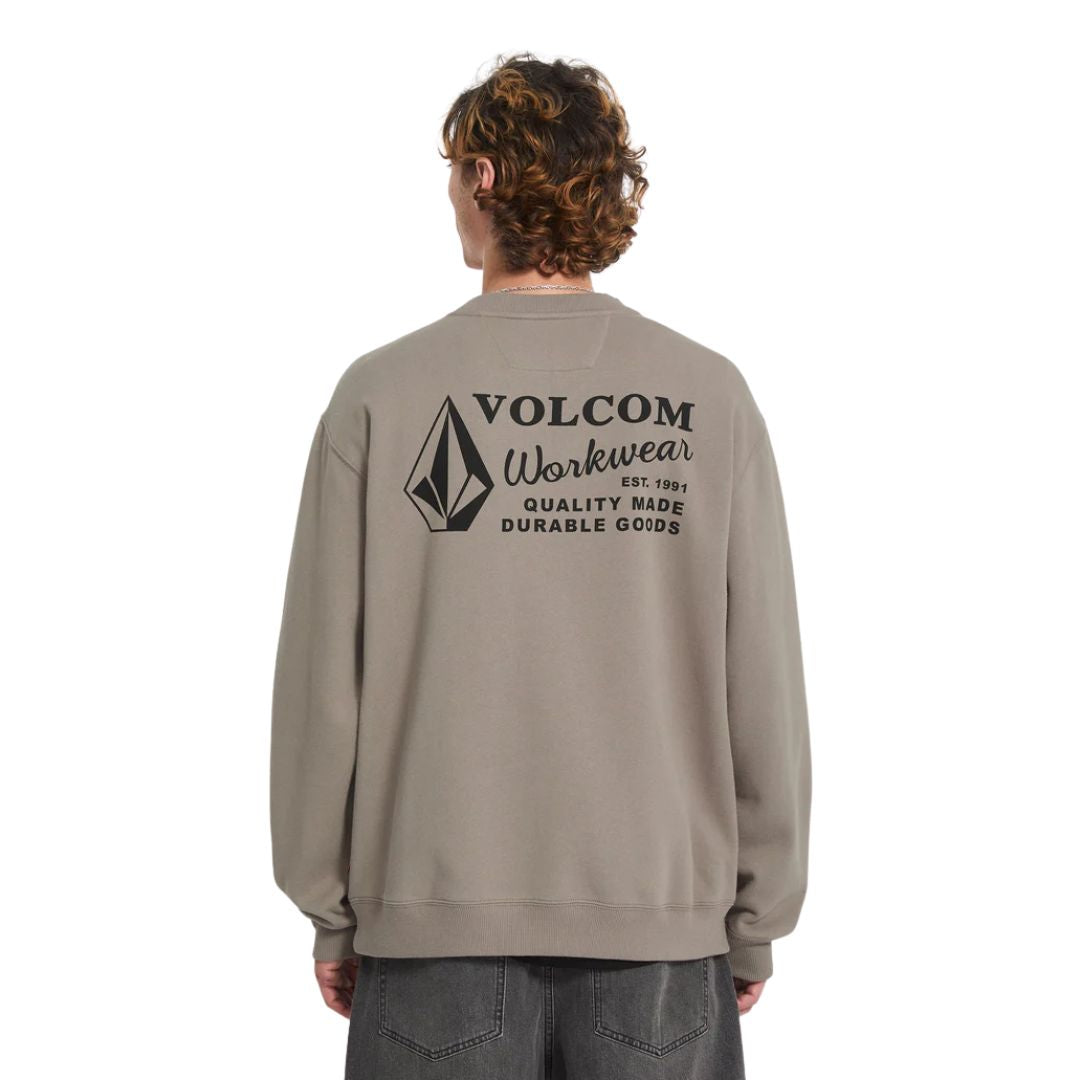 Sudadera Volcom Workwear Crew beige topo vista trasera con estampado grande.