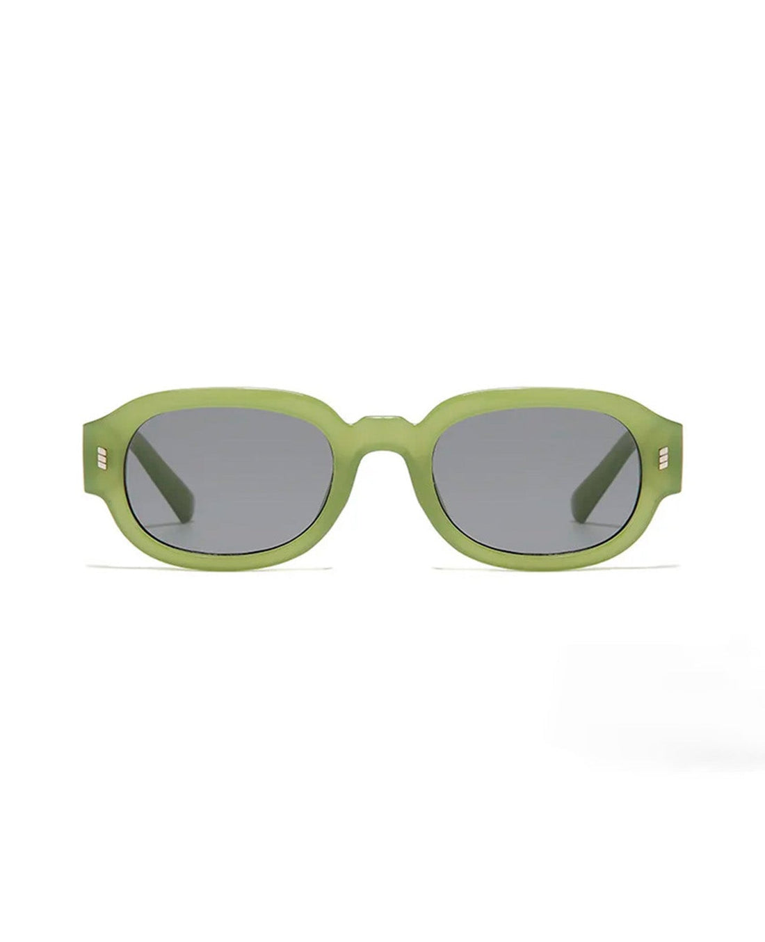 Gafas de sol Warmouth Green Dip Bottle Green vista frontal, montura ovalada de policarbonato verde botella con lente gris polarizada y remaches dorados.