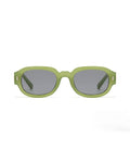 Gafas de sol Warmouth Green Dip Bottle Green vista frontal, montura ovalada de policarbonato verde botella con lente gris polarizada y remaches dorados.