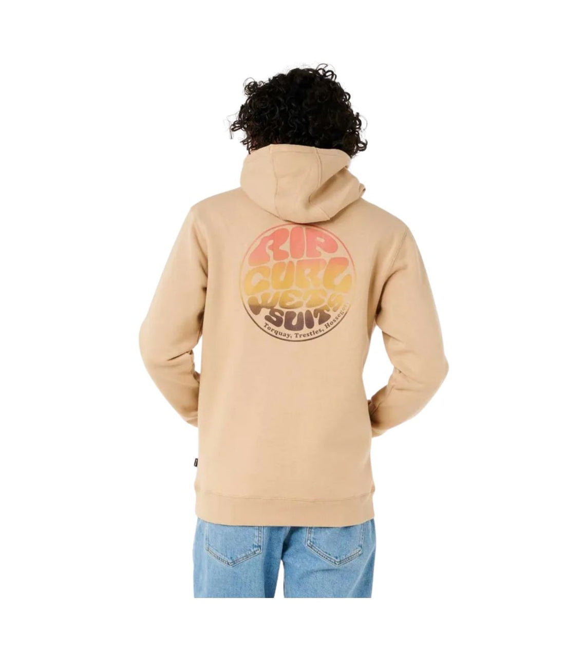 Sudadera con capucha en color beige. Logo grande Rip Curl en la espalda  y pequeño por delante. Bolsillos canguro. Vista por detrás.