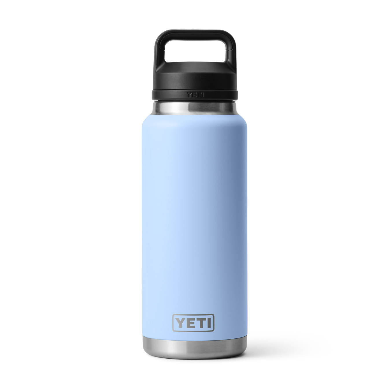 Vista frontal de la botella YETI Rambler 36 oz en color Big Sky Blue con Chug Cap.