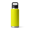 Botella YETI Rambler 36 oz en color Firefly Yellow con la tapa Chug Cap abierta.