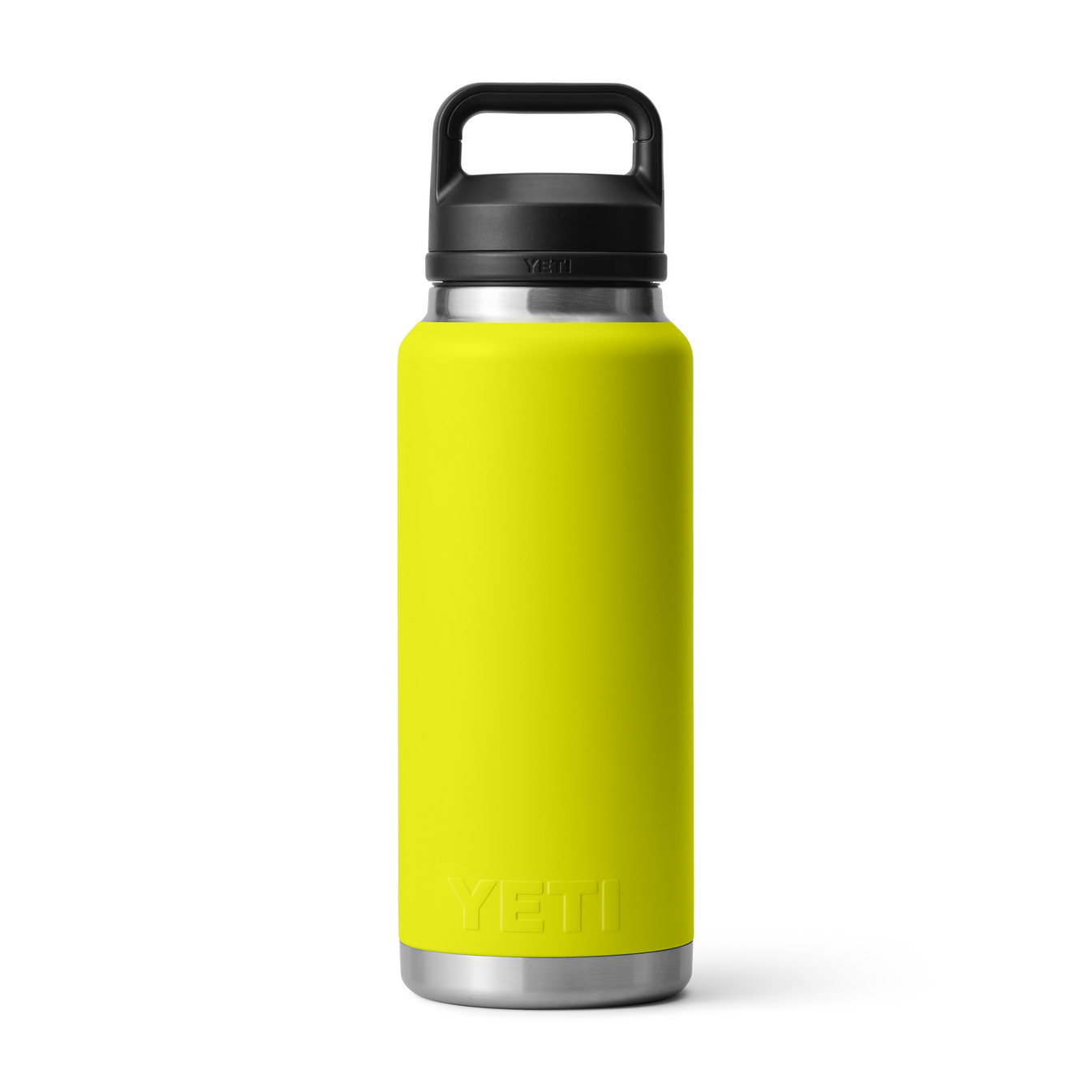 Botella YETI Rambler 36 oz en color Firefly Yellow con la tapa Chug Cap abierta.