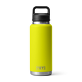 Vista frontal de la botella YETI Rambler 36 oz en color Firefly Yellow con Chug Cap.