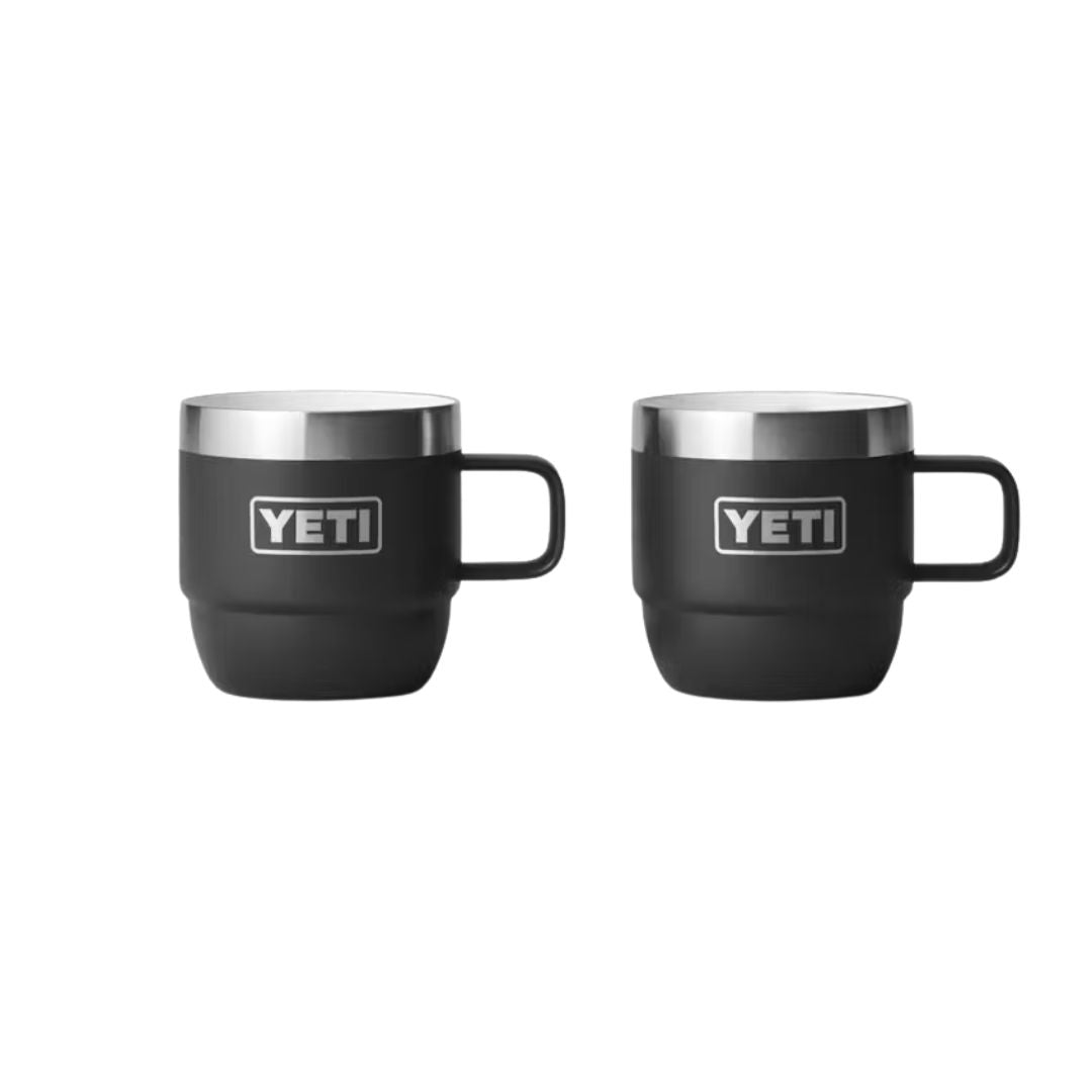Set de dos tazas Yeti Rambler 6 oz en color negro, con logotipo YETI visible en el frente