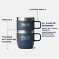 Dos tazas Yeti Rambler 6 oz apiladas, con texto explicativo sobre aislamiento, acero inoxidable y resistencia